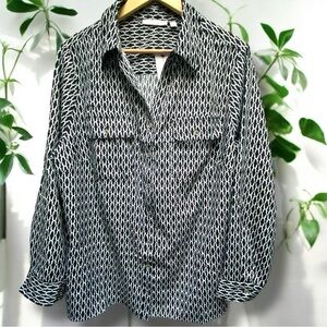 Notations Woman Black White Geometric Button Down Shirt Plus 1X STB1426 Mens